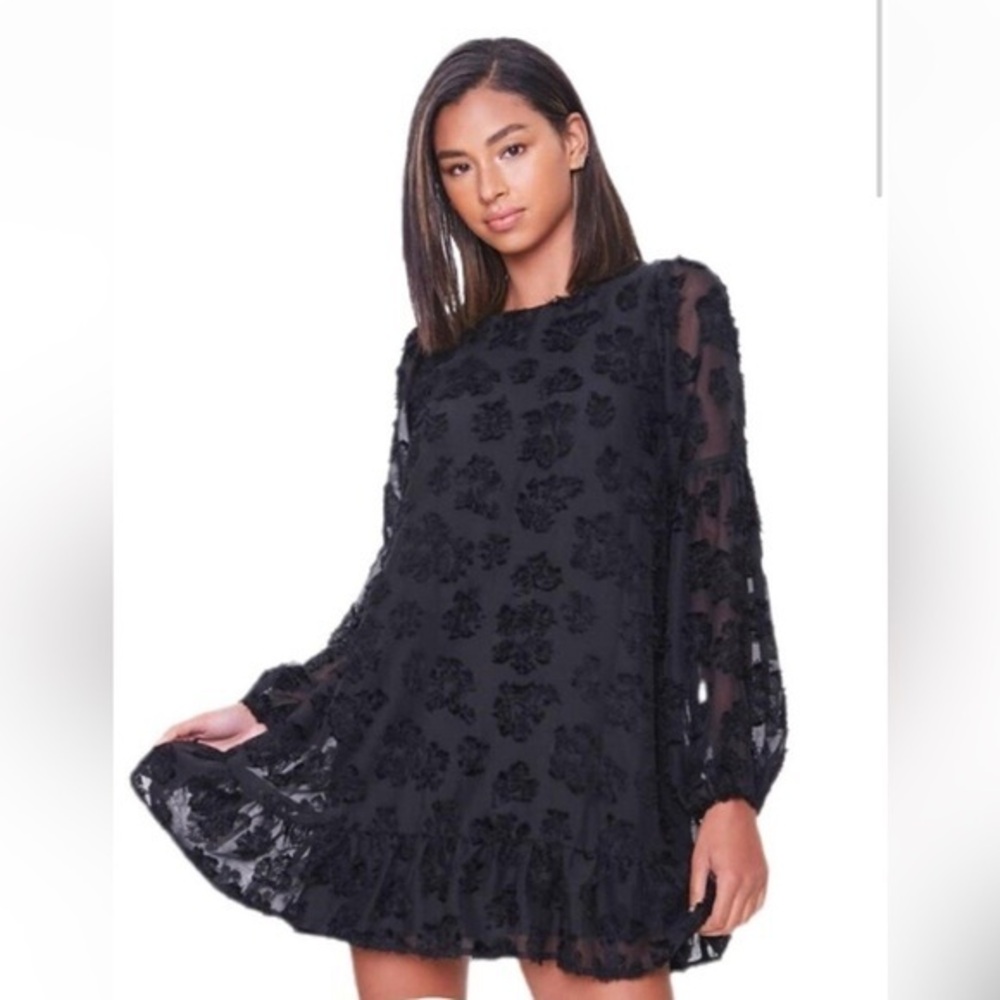 Forever 21 Black Floral Embellished Peasant Dress